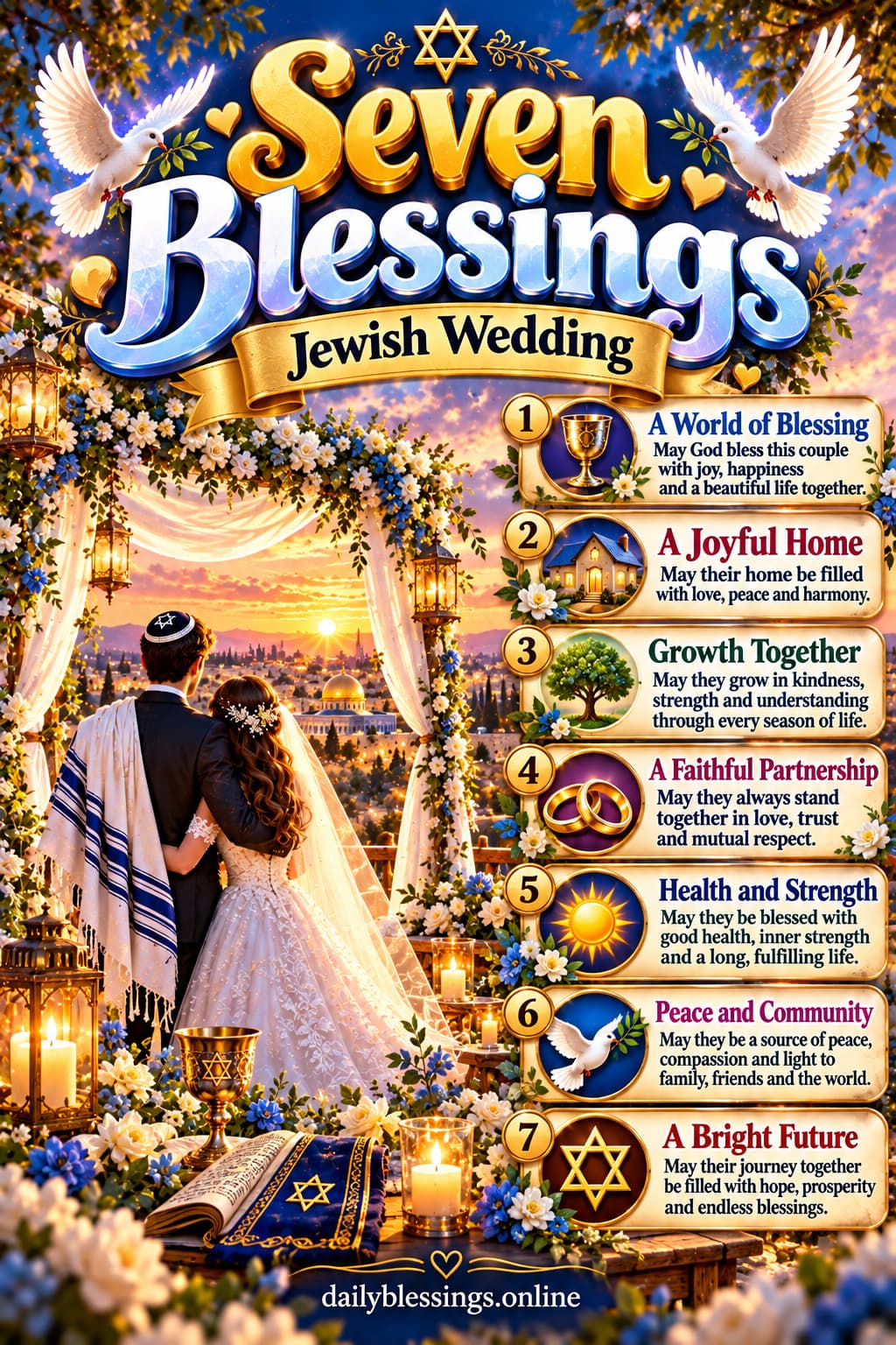 Discover the beauty of Sheva Brachot, the 7 Jewish wedding blessings traditionally recited to celebrate love, marriage, joy, and a couple’s new life together. These Sheva Brachot 7 Jewish wedding blessings offer inspiration for Jewish wedding ceremonies, meaningful marriage blessings, and wishes for a happy married life. Celebrate this beautiful Jewish wedding tradition and share blessings of love, peace, happiness, and a bright future with the newlyweds. #Ketubah #chuppah
