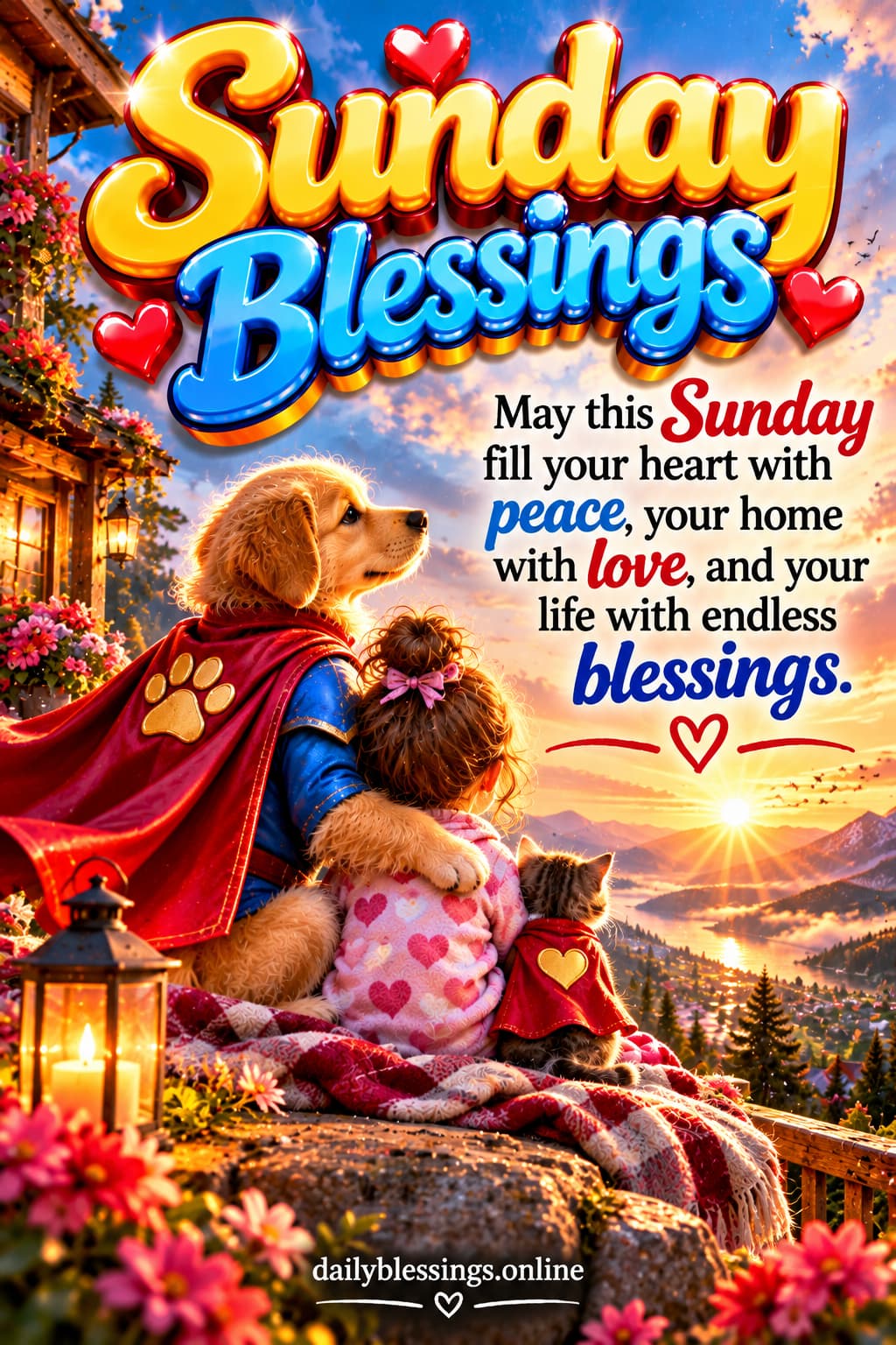 Start your Sunday with beautiful Sunday blessings, good morning wishes, and positive thoughts. Share these cute Sunday blessings images with family, friends, and loved ones to spread love, peace, happiness, and hope. This heartwarming Sunday morning blessing features a superhero puppy and adorable kittens, reminding us that kindness and love are everyday superpowers. May your Sunday be filled with endless blessings, strength, and joy!